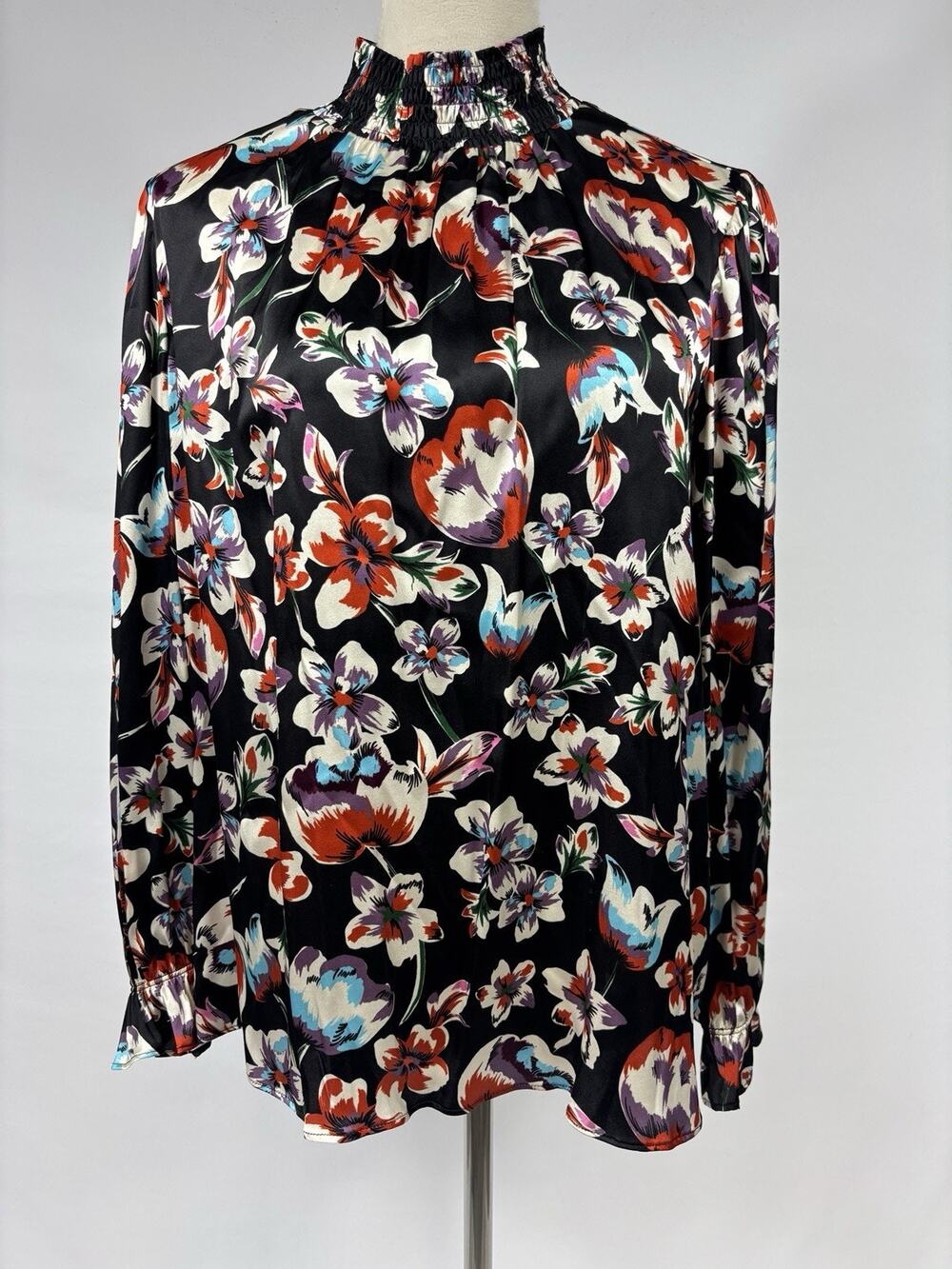 Tucker NYC Stella High Neck Silk Top Black Bright Floral Print Medium